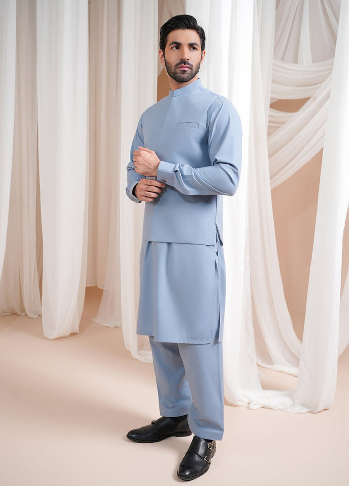 Muraqsh Ready To Wear Solids Cotton Men Sapphire Blue Luxury Formal Kameez Shalwar with Blended Waistcoat Straight Cut MURBLFK - Summer Collection