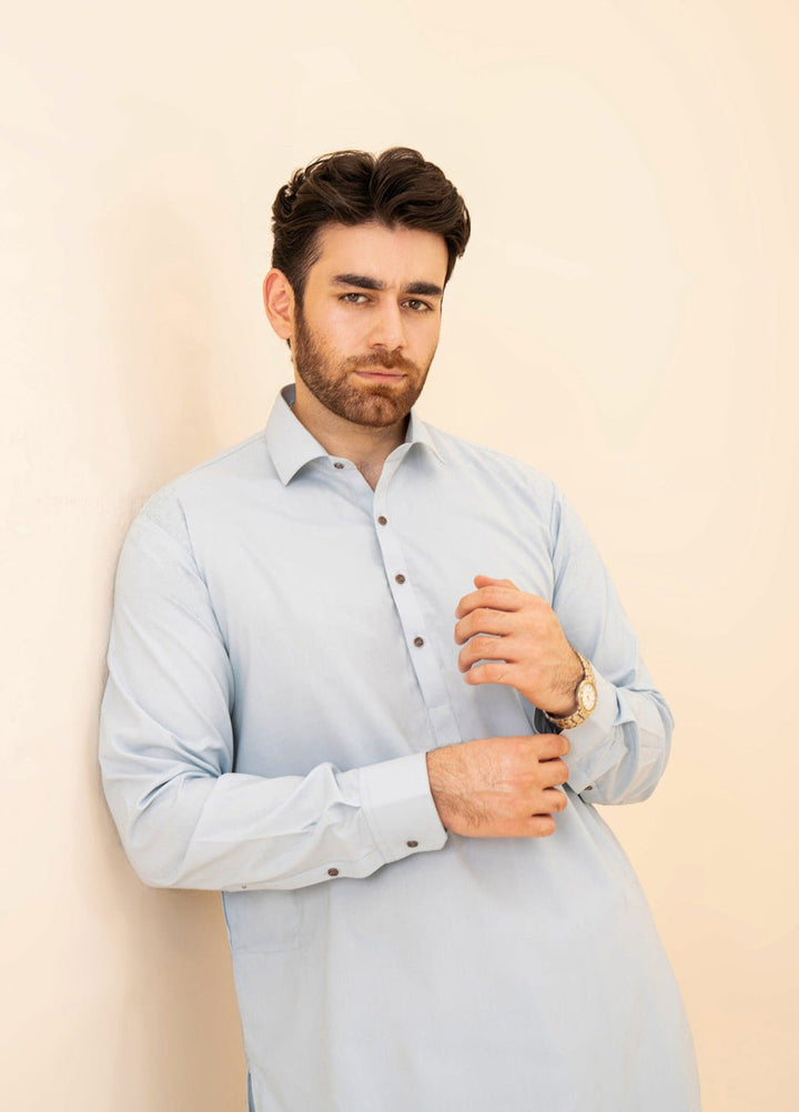 Muraqsh Ready To Wear Solids Cotton Men Sky Blue French Collar Kameez Shalwar MURBFCK - Summer Collection