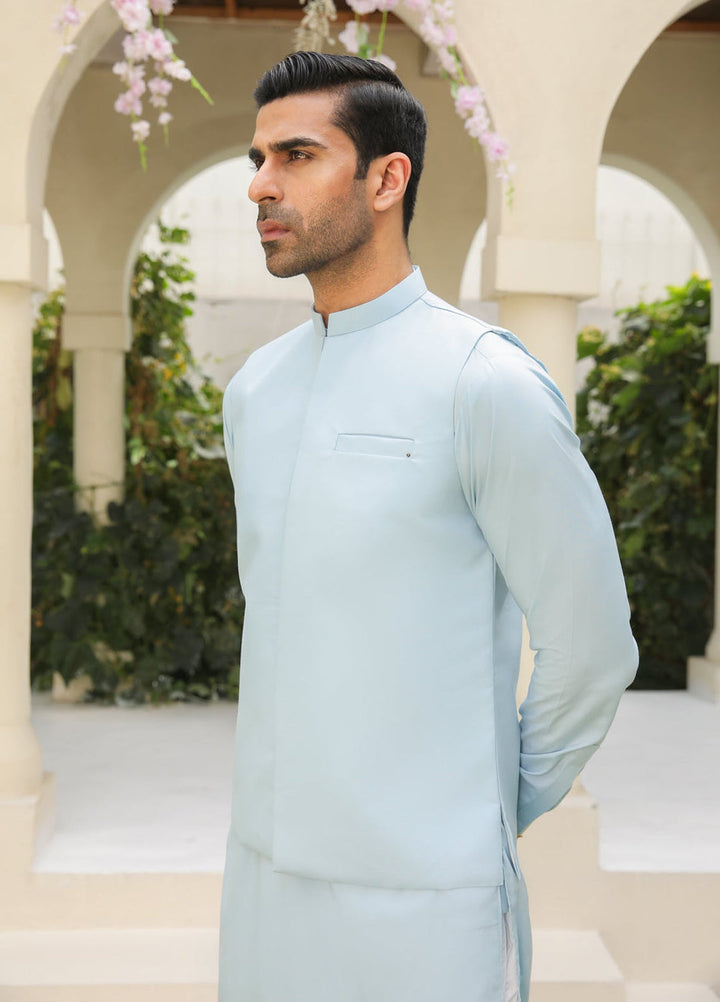 Muraqsh Ready To Wear Solids Cotton Men Sky Blue Kurta Trouser with Blended Waistcoat MURBKTW - Summer Collection