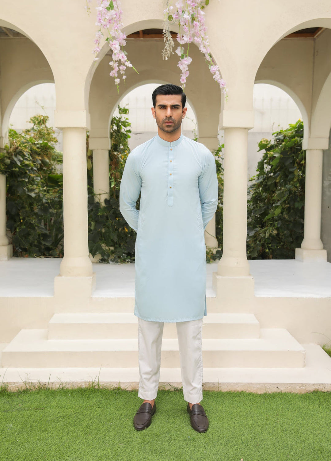 Muraqsh Ready To Wear Solids Cotton Men Sky Blue Kurta with White Trouser MURBKTW-PLAIN - Summer Collection
