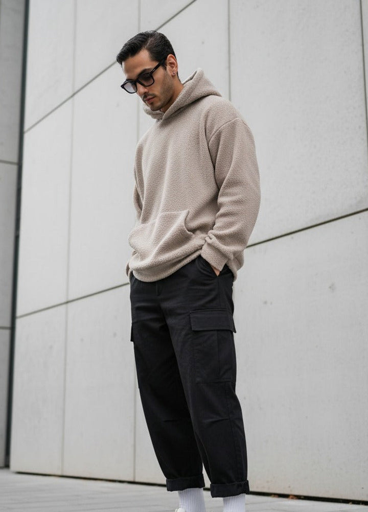 Muraqsh Ready To Wear Solids Fleece Men Beige Sherpa Hoodie Relaxed Fit ABD-BSH-R - Winter Collection