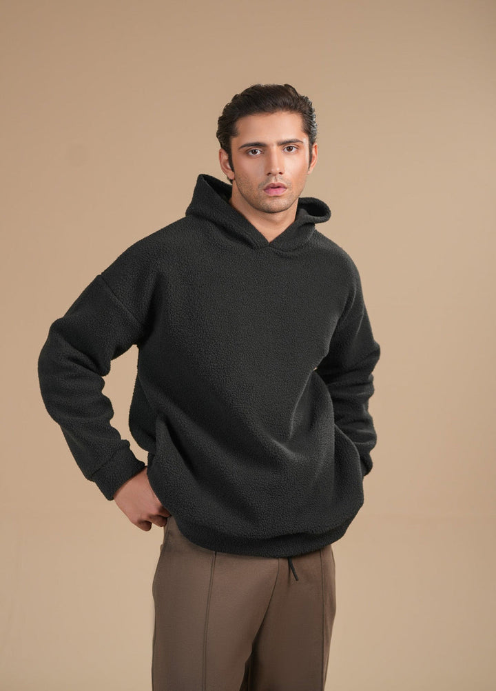 Muraqsh Ready To Wear Solids Fleece Men Black Sherpa Hoodie Relaxed Fit ABD-BSH-R - Winter Collection