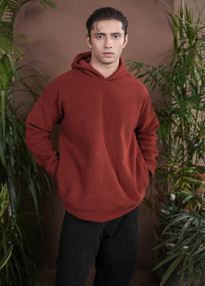 Muraqsh Ready To Wear Solids Fleece Men Rust Sherpa Hoodie Relaxed Fit ABD-RSH-R - Winter Collection