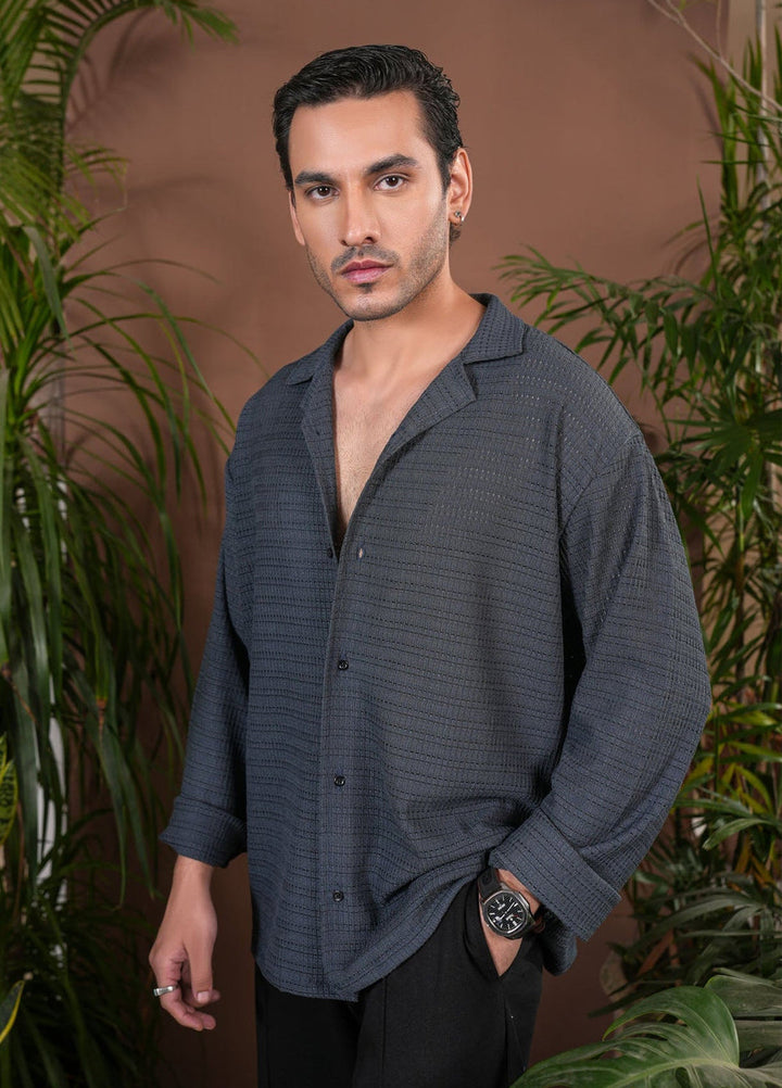 Muraqsh Ready To Wear Solids Jacquard Men Bluish Grey Revere Button Shirt ABD-BGJKR - Winter Collection