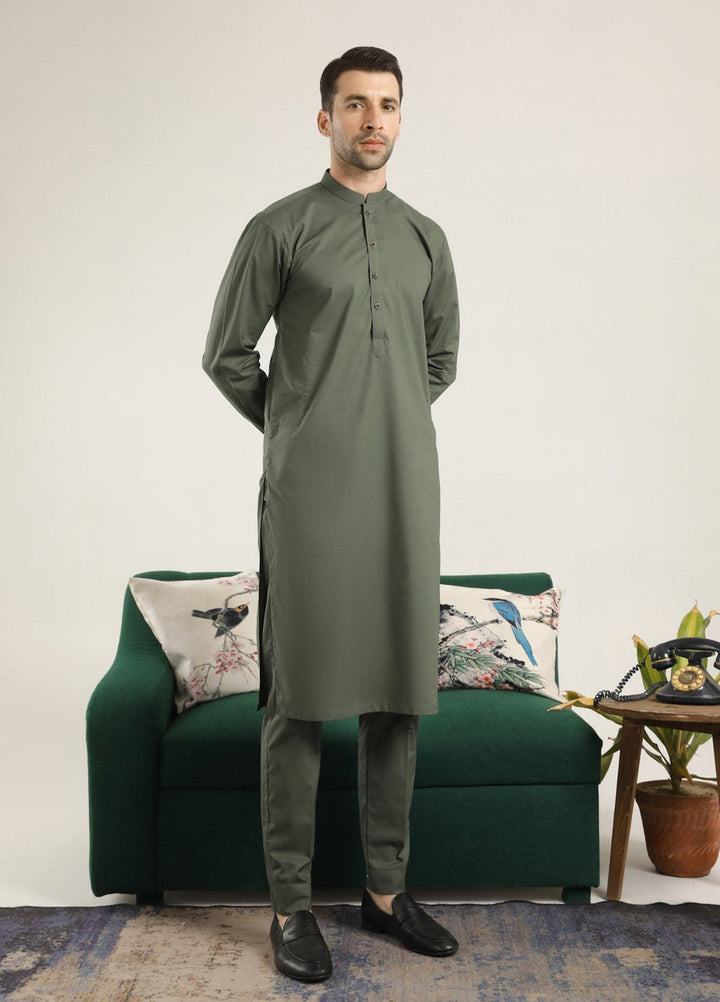 Muraqsh Ready To Wear Solids  Men Army Green Soft Cotton Kurta Trouser MUR-AGCKT - Summer Collection
