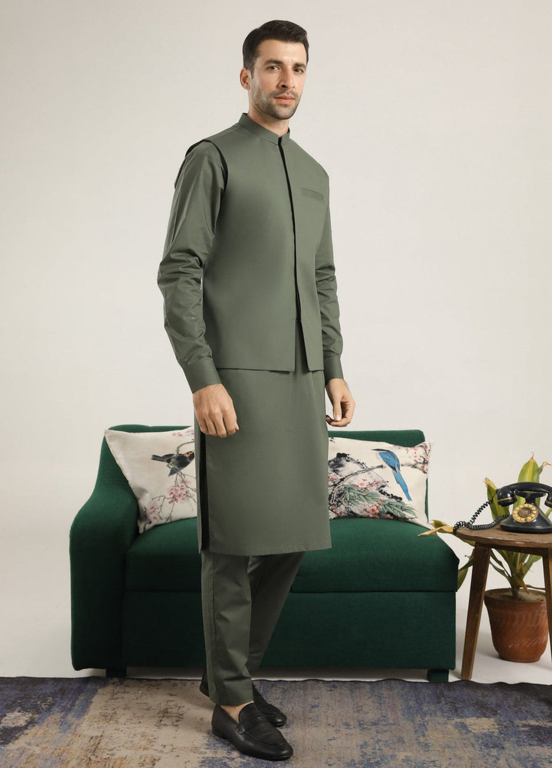 Muraqsh Ready To Wear Solids  Men Army Green Soft Cotton Kurta Trouser with Waistcoat MUR-AGCKT - Summer Collection