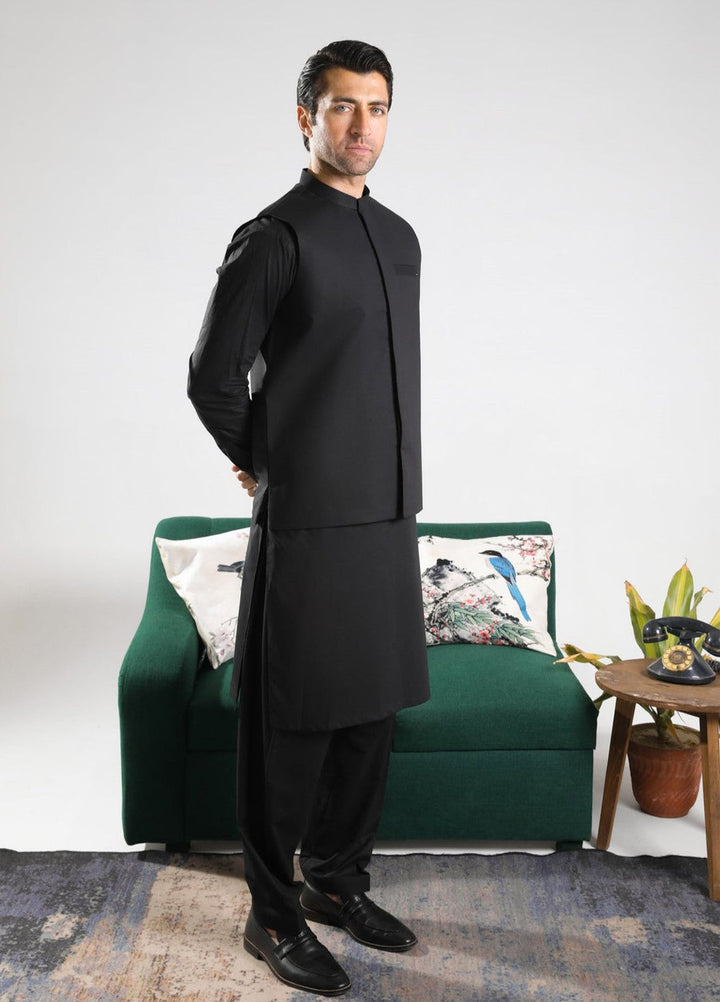 Muraqsh Ready To Wear Solids  Men Black Soft Cotton Kurta Shalwar with Waistcoat MUR-BCKS - Summer Collection
