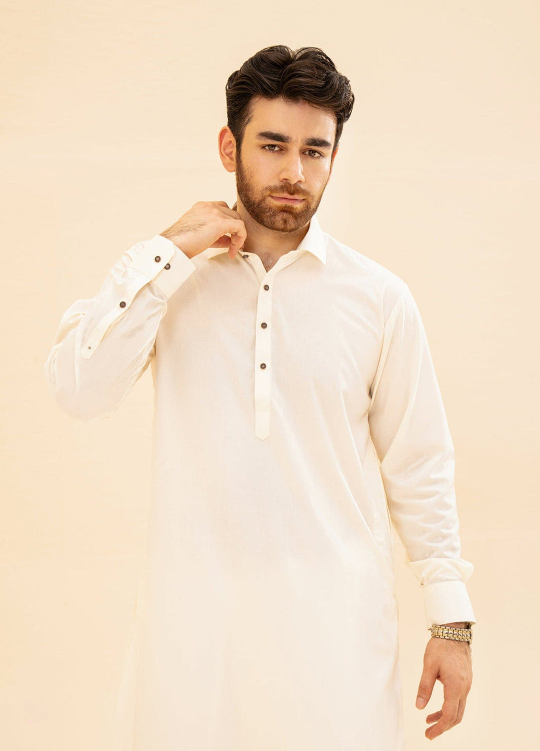 Muraqsh Ready To Wear Solids  Men Bosky White French Collar Kameez Shalwar MUR-BWFCK - Summer Collection