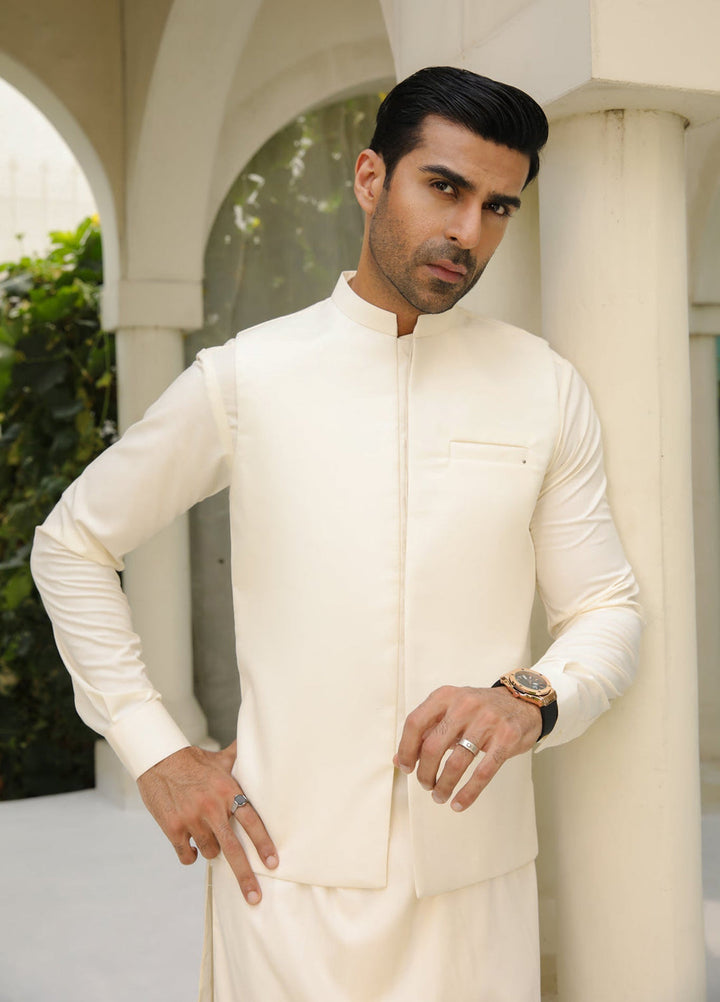Muraqsh Ready To Wear Solids  Men Bosky White Kameez Shalwar with Blended Waistcoat MUR-BWKSW - Summer Collection