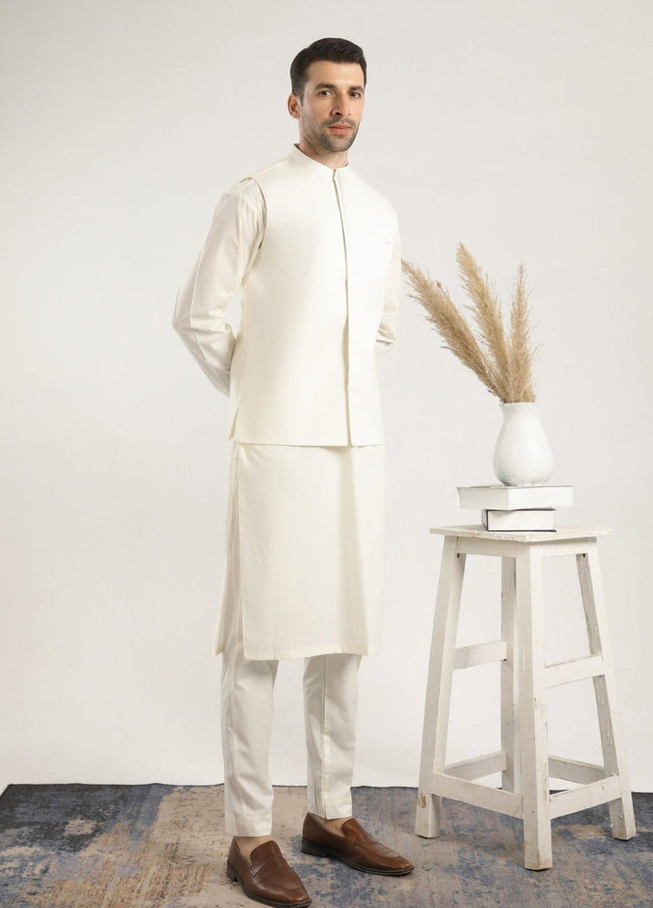 Muraqsh Ready To Wear Solids  Men Bosky White Soft Cotton Kurta Trouser with Waistcoat MUR-BWCKT - Summer Collection