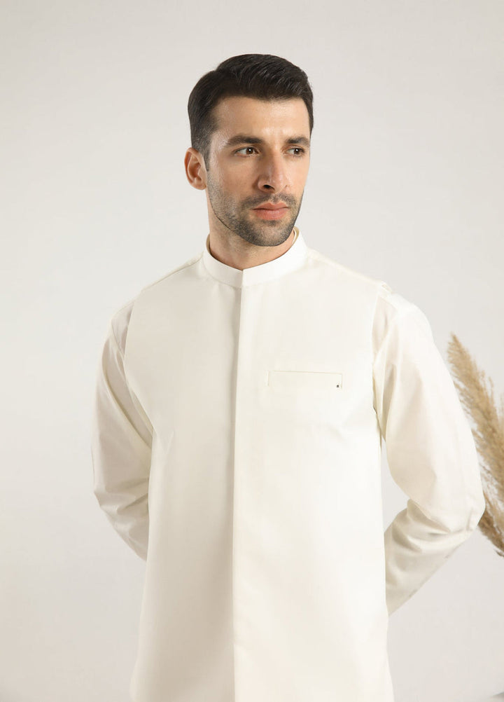 Muraqsh Ready To Wear Solids  Men Bosky White Soft Cotton Waistcoat MUR-BWSCW - Summer Collection