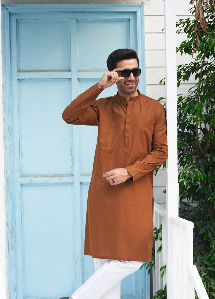 Muraqsh Ready To Wear Solids  Men Camel Cotton Kurta Trouser MUR-CCKWT-KUR - Summer Collection