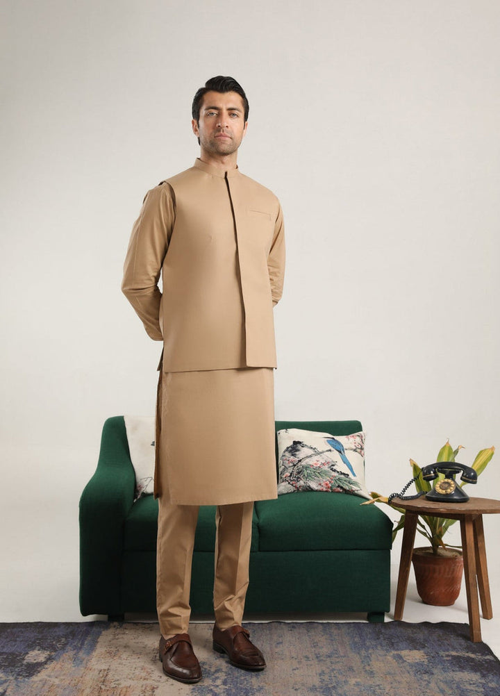 Muraqsh Ready To Wear Solids  Men Camel Cotton Soft Kurta Trouser with Waistcoat MUR-CCKT - Summer Collection