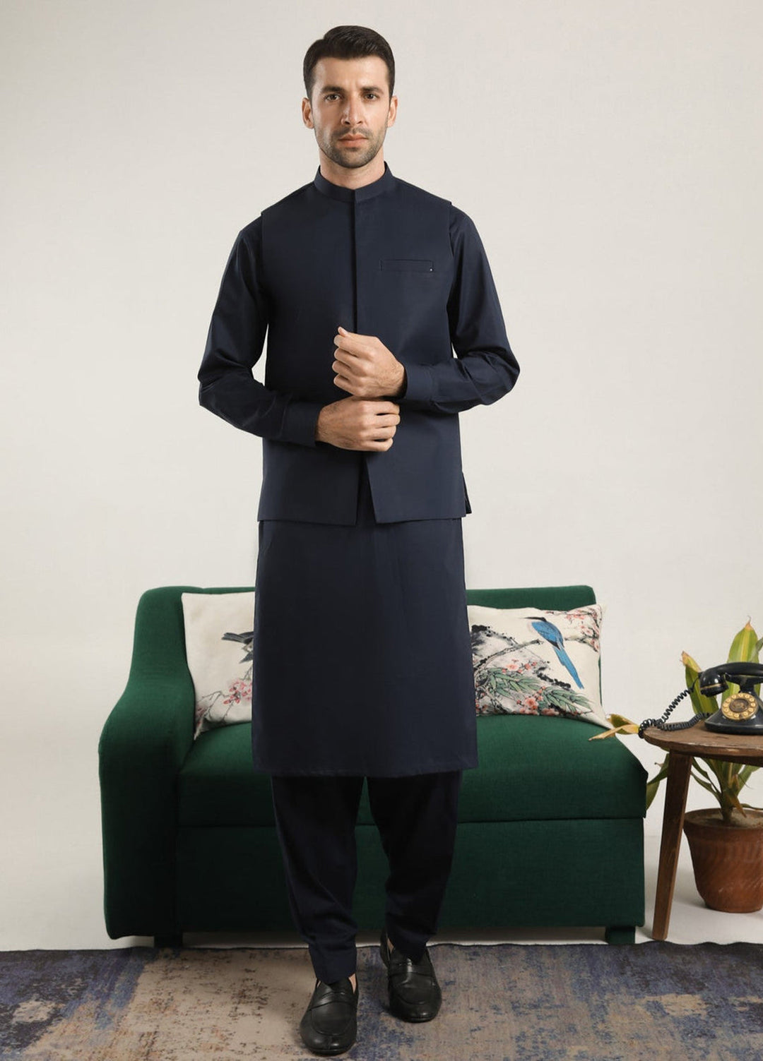 Muraqsh Ready To Wear Solids  Men Dark Navy Blue Soft Cotton Kurta Shalwar with Waistcoat MUR-DNBCK - Summer Collection
