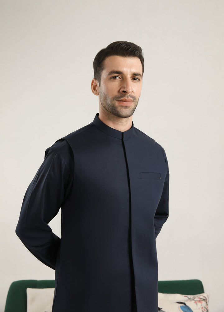 Muraqsh Ready To Wear Solids  Men Dark Navy Blue Soft Cotton Waistcoat MUR-DNBSC - Summer Collection