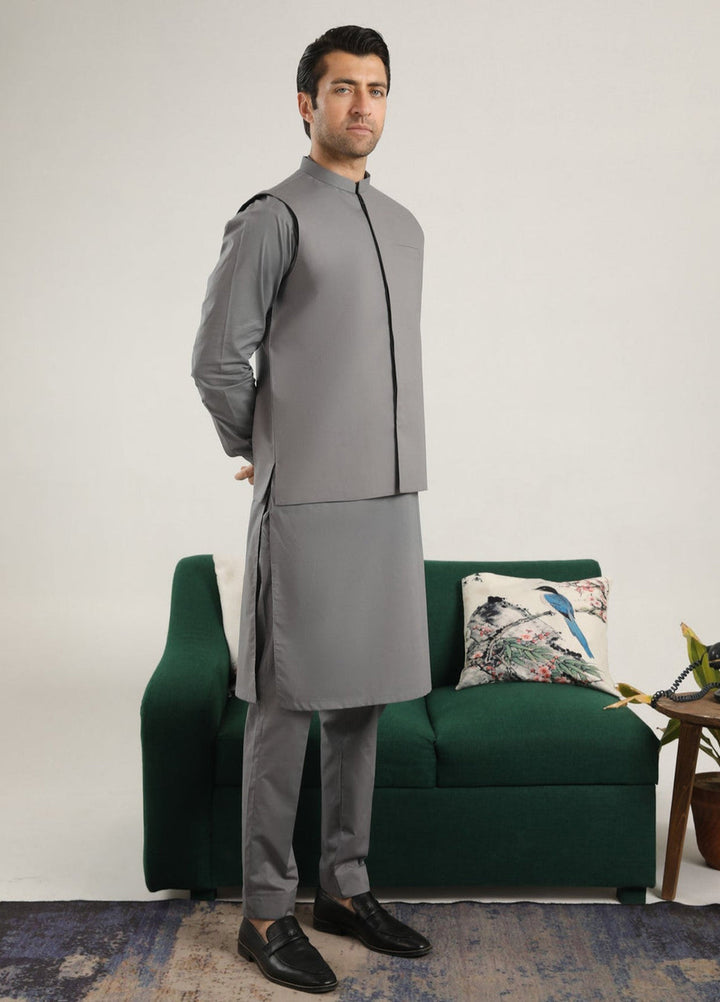 Muraqsh Ready To Wear Solids  Men Light Grey Soft Cotton Kurta Trouser with Waistcoat MURGCKT - Summer Collection