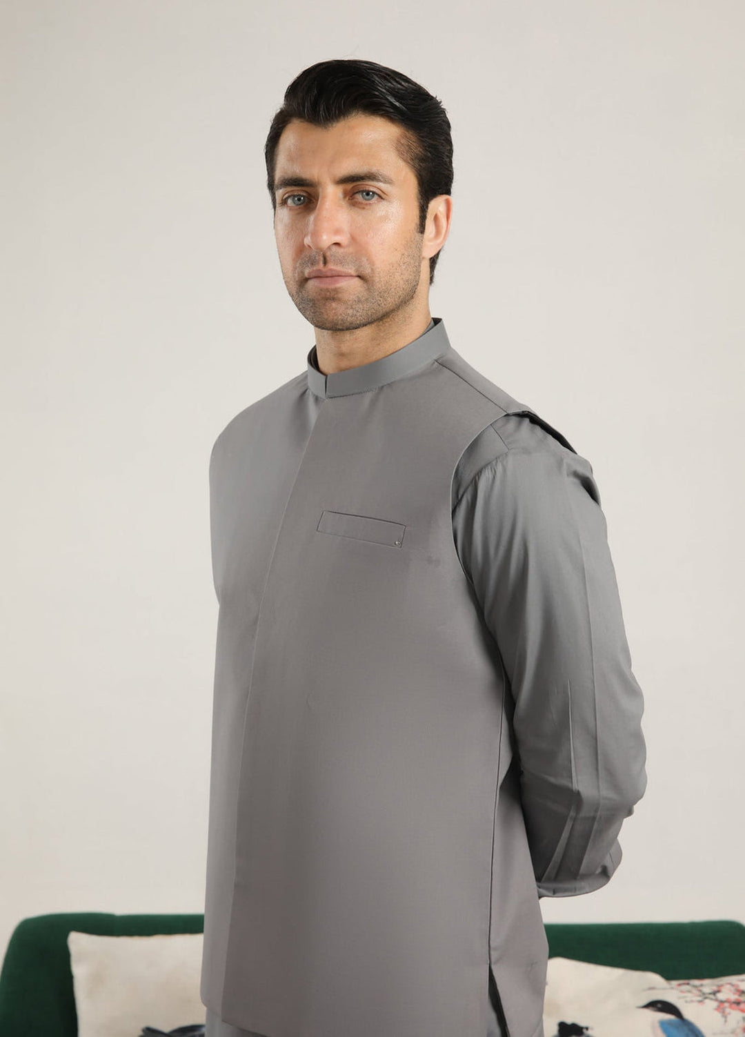 Muraqsh Ready To Wear Solids  Men Light Grey Soft Cotton Waistcoat MURGSCW - Summer Collection