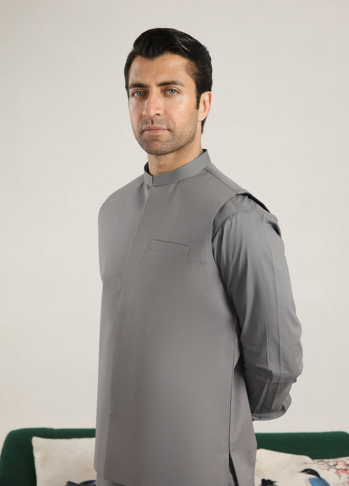 Muraqsh Ready To Wear Solids  Men Light Grey Soft Cotton Waistcoat MURGSCW - Summer Collection