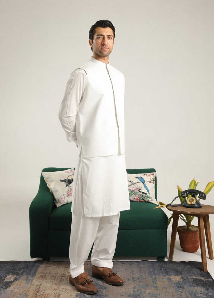 Muraqsh Ready To Wear Solids  Men Off White Soft Cotton Kurta Shalwar with Waistcoat MUR-OWCKS - Summer Collection