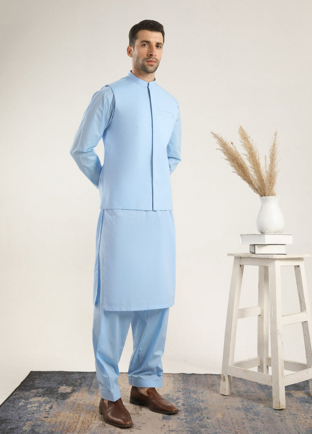 Muraqsh Ready To Wear Solids  Men Sky Blue Soft Cotton Kurta Shalwar with Waistcoat MURBCKS - Summer Collection