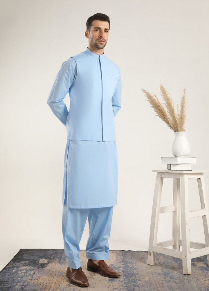 Muraqsh Ready To Wear Solids  Men Sky Blue Soft Cotton Kurta Shalwar with Waistcoat MURBCKS - Summer Collection