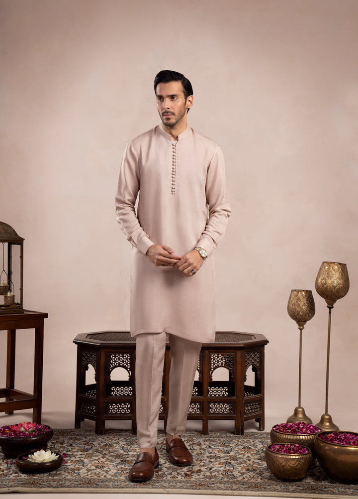 Muraqsh Ready To Wear Solids Silk Men Coffee Beige Viscose Kurta Trouser Loop Buttons ABD-COFFEE-BAN - Winter Collection