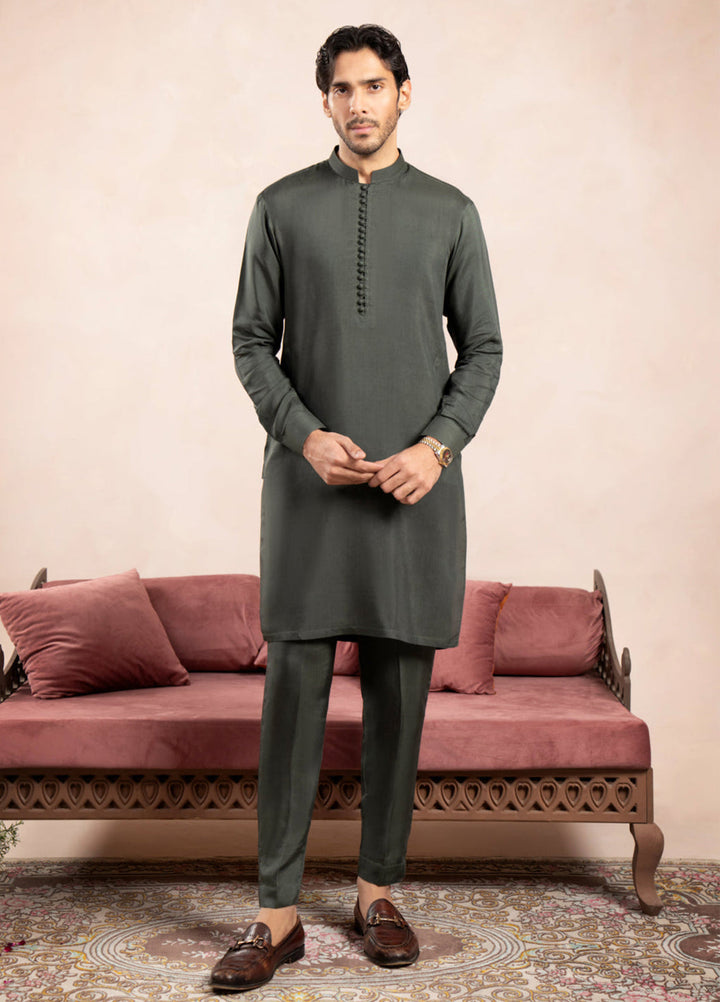 Muraqsh Ready To Wear Solids Silk Men Olive Green Viscose Kurta Trouser Loop Buttons ABD-OLIVE-BAN - Winter Collection