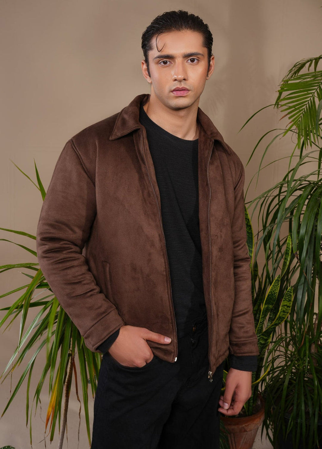 Muraqsh Ready To Wear Solids Suede Men Dark Brown Premium Suede Bomber Jacket ABD-DBPSB - Winter Collection