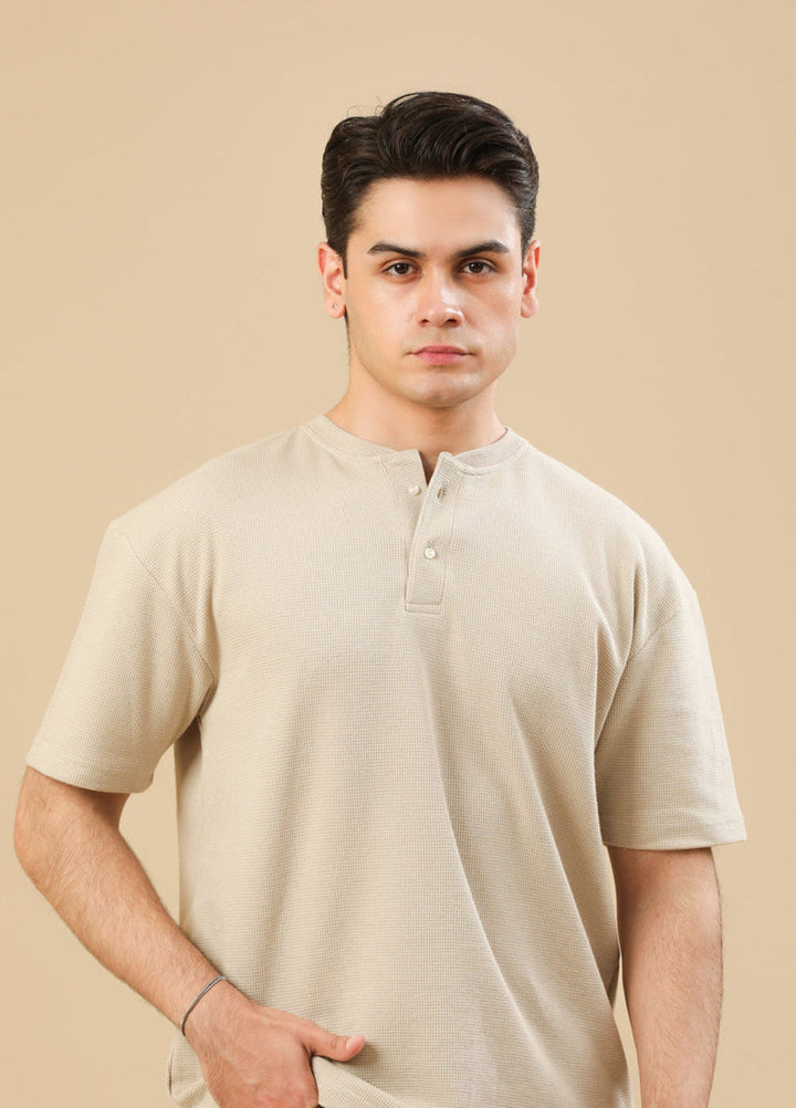 Muraqsh Ready To Wear Solids Waffle Men Beige White Oversized Henley ABD-BWWOH - Summer Collection