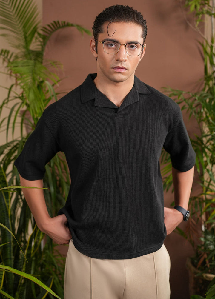 Muraqsh Ready To Wear Solids Waffle Men Black Boxy Revere Polo ABD-BBWRP - Summer Collection