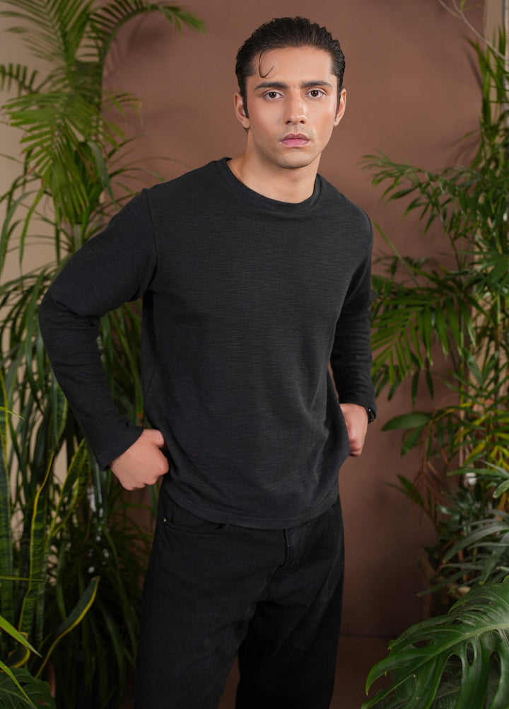 Muraqsh Ready To Wear Solids Waffle Men Black Knit Sweat Shirt Relaxed Fit ABD-BWKSS - Summer Collection