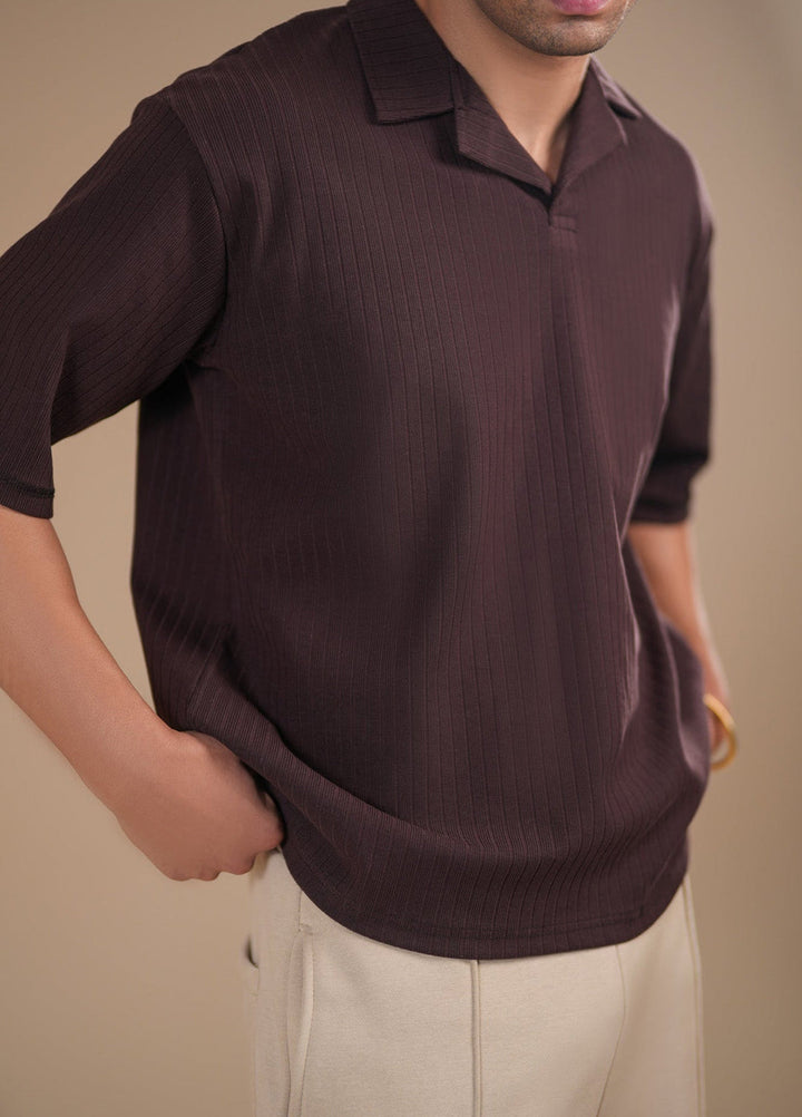 Muraqsh Ready To Wear Solids Waffle Men Brown Ribbed Boxy Revere Polo ABD-BBWRP - Summer Collection