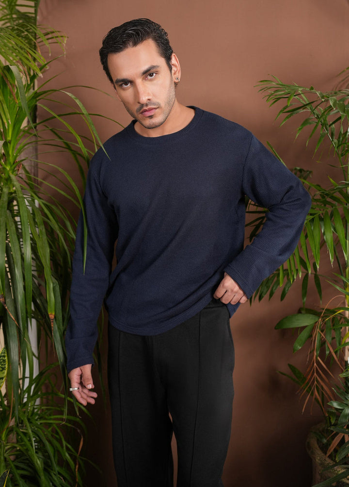 Muraqsh Ready To Wear Solids Waffle Men Navy Blue Knit Sweat Shirt Relaxed Fit ABD-NBWKS - Summer Collection