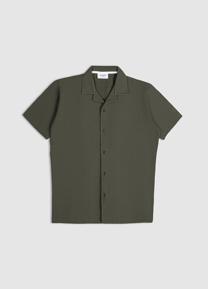 Muraqsh Ready To Wear Solids Waffle Men Olive Waffle Textured Revere Button Down ABD-OWTRBD-FS - Summer Collection