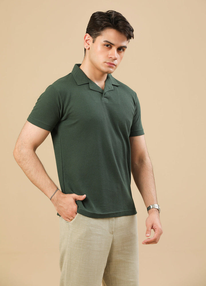 Muraqsh Ready To Wear Solids Waffle Men Waffle Bottle Green Revere Polo ABD-WBGRP - Summer Collection