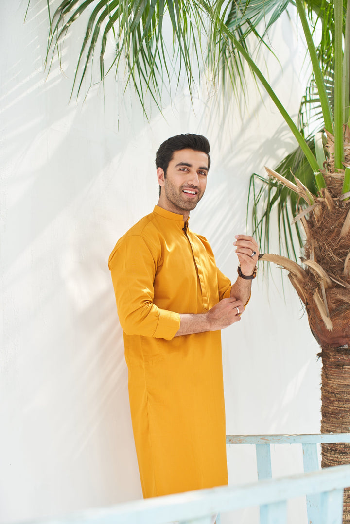Muraqsh Ready To Wear Solids  Men Mustard Cotton Kurta Trouser MURCKWT-KUR - Summer Collection