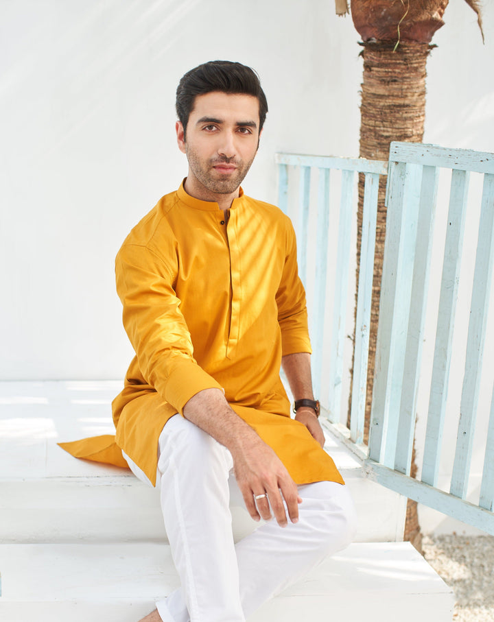 Muraqsh Ready To Wear Solids  Men Mustard Cotton Kurta Trouser MURCKWT-KUR - Summer Collection