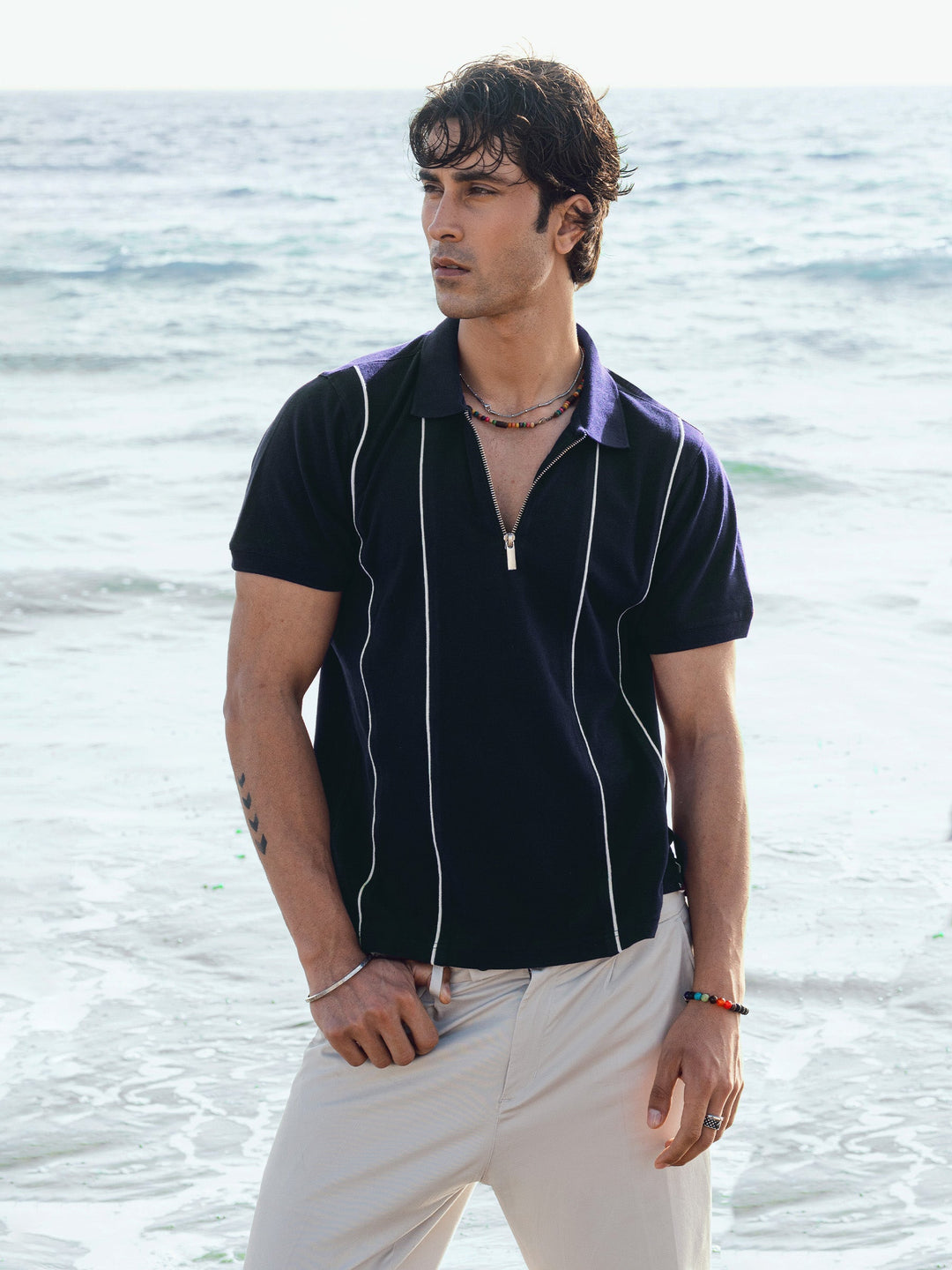 Brumano Mens RTW Solids Cotton Polo T-Shirt Navy Blue Striped Zipper Casual Collection