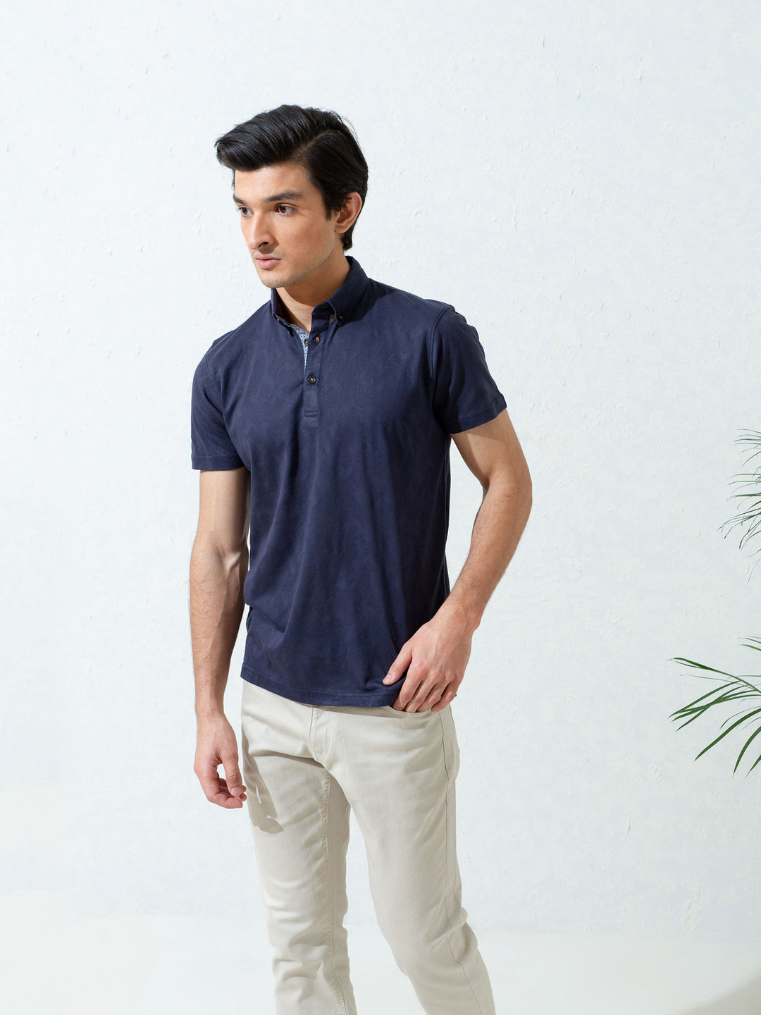Brumano  Solids Cotton Polo Navy Blue Jacquard Polo Shirt With Detailing