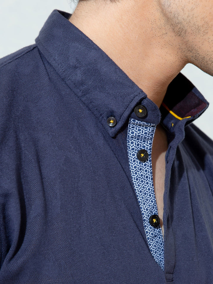 Brumano  Solids Cotton Polo Navy Blue Jacquard Polo Shirt With Detailing