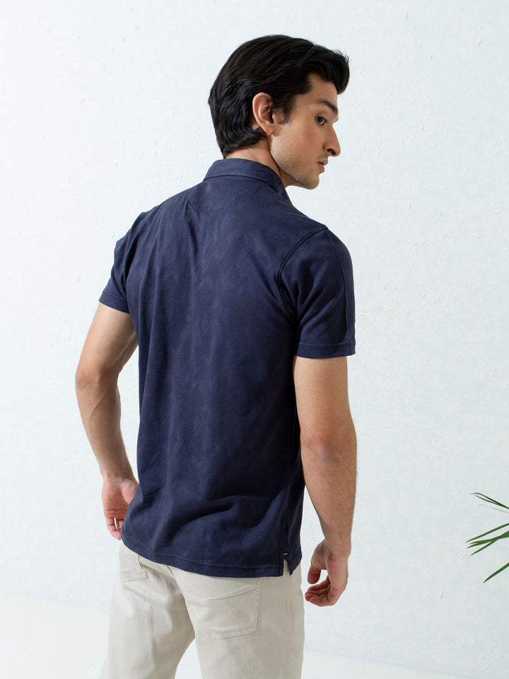 Brumano  Solids Cotton Polo Navy Blue Jacquard Polo Shirt With Detailing