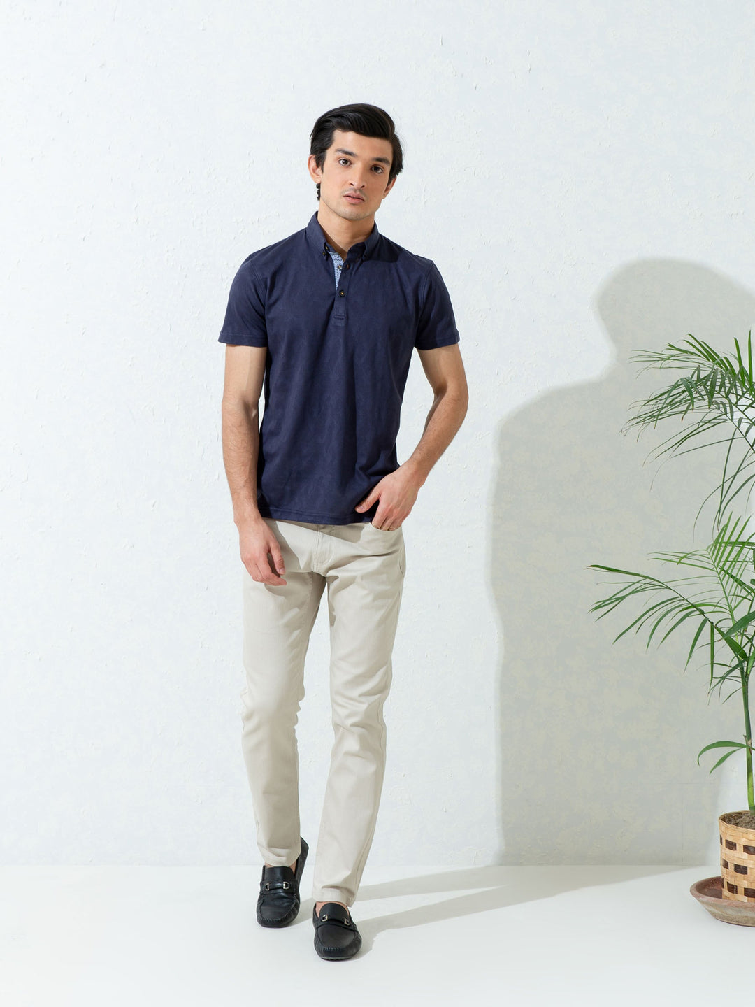 Brumano  Solids Cotton Polo Navy Blue Jacquard Polo Shirt With Detailing