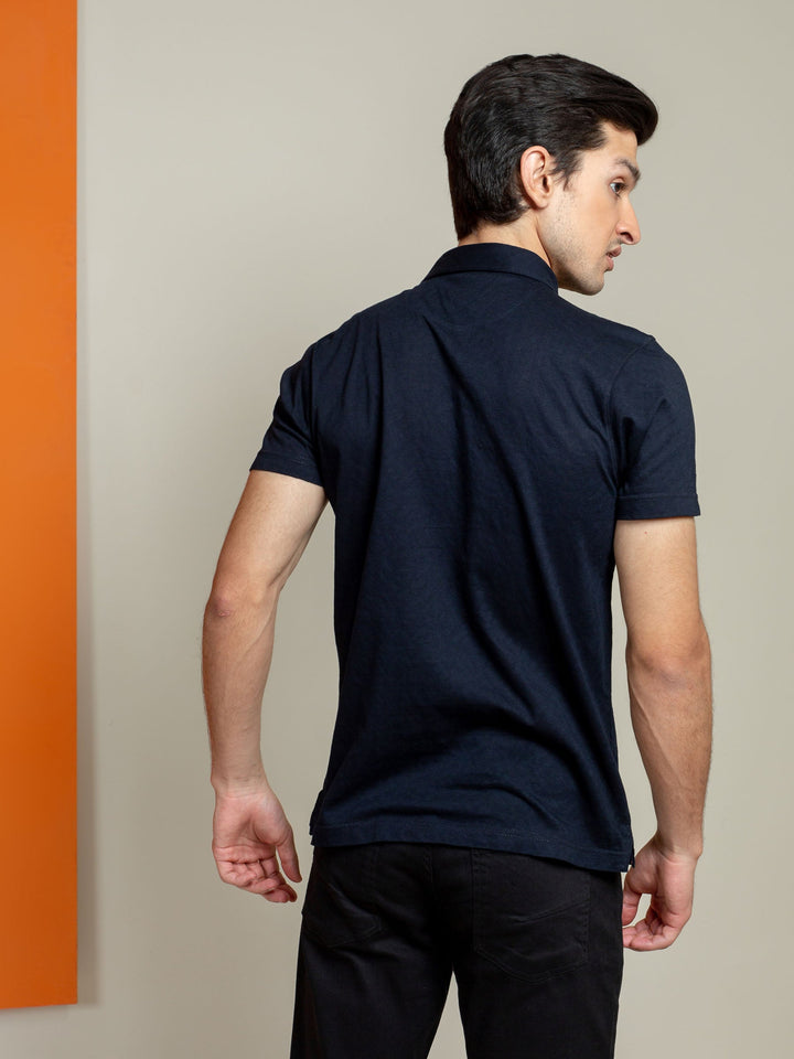 Brumano  Solids Cotton Polo Navy Blue Jacquard Polo Shirt With Floral Detailing