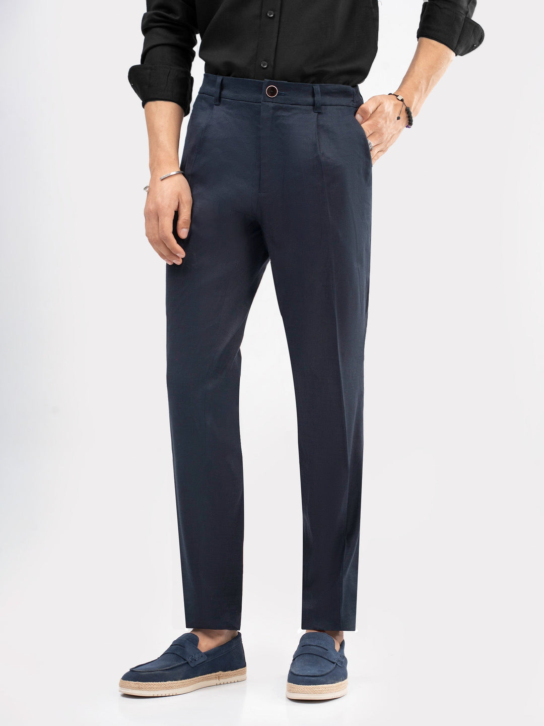 Brumano Mens Pants RTW Solids Cotton Navy Blue Comfort Waist Chinos Casual Collection