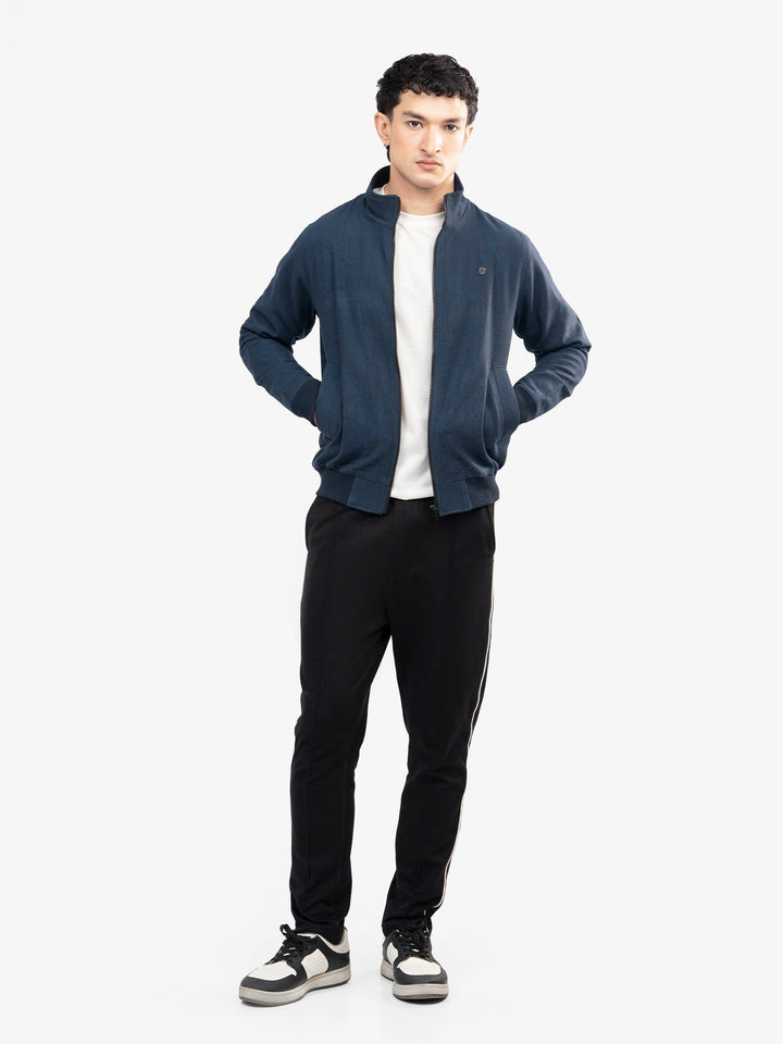 Brumano Mens RTW Solids Cotton 1 Piece Navy Blue Mock Neck Zipper Winter Collection