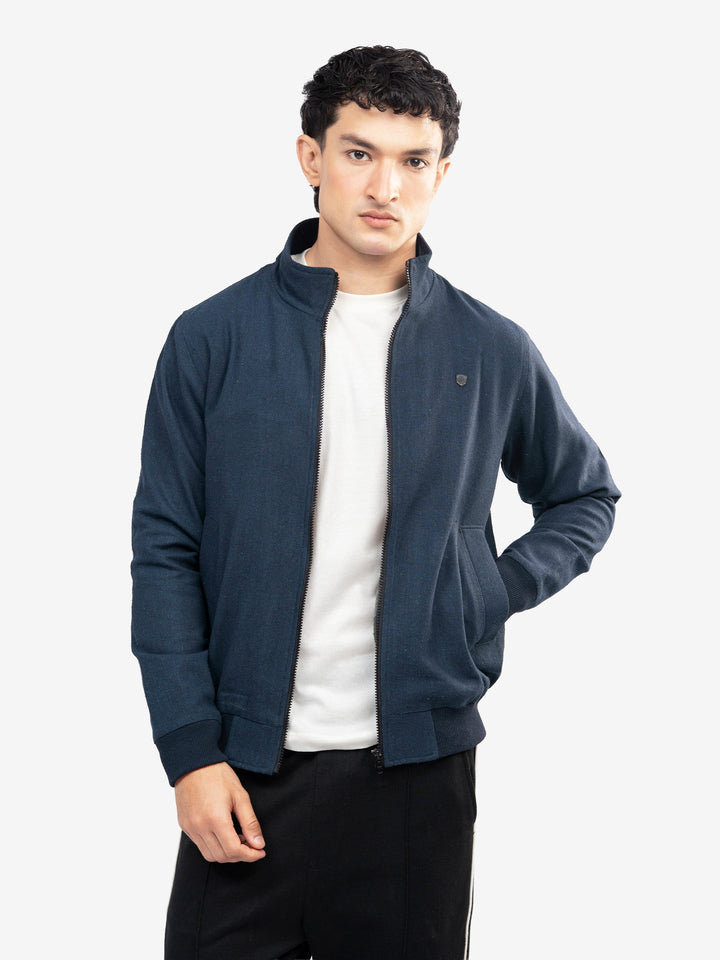 Brumano Mens RTW Solids Cotton 1 Piece Navy Blue Mock Neck Zipper Winter Collection