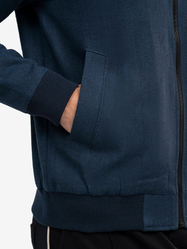 Brumano Mens RTW Solids Cotton 1 Piece Navy Blue Mock Neck Zipper Winter Collection
