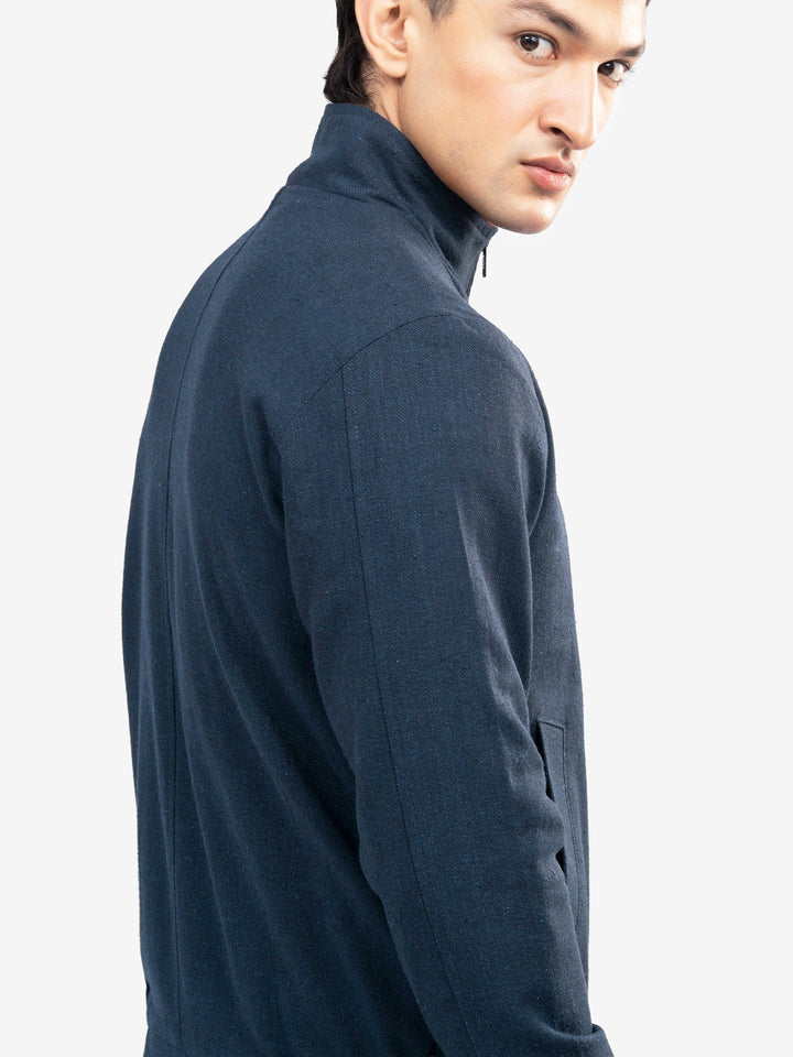 Brumano Mens RTW Solids Cotton 1 Piece Navy Blue Mock Neck Zipper Winter Collection
