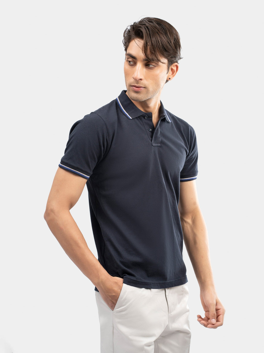 Brumano Mens RTW Solids Cotton Polo T-Shirt Navy Blue Multicolor Tipped Collar Casual Collection