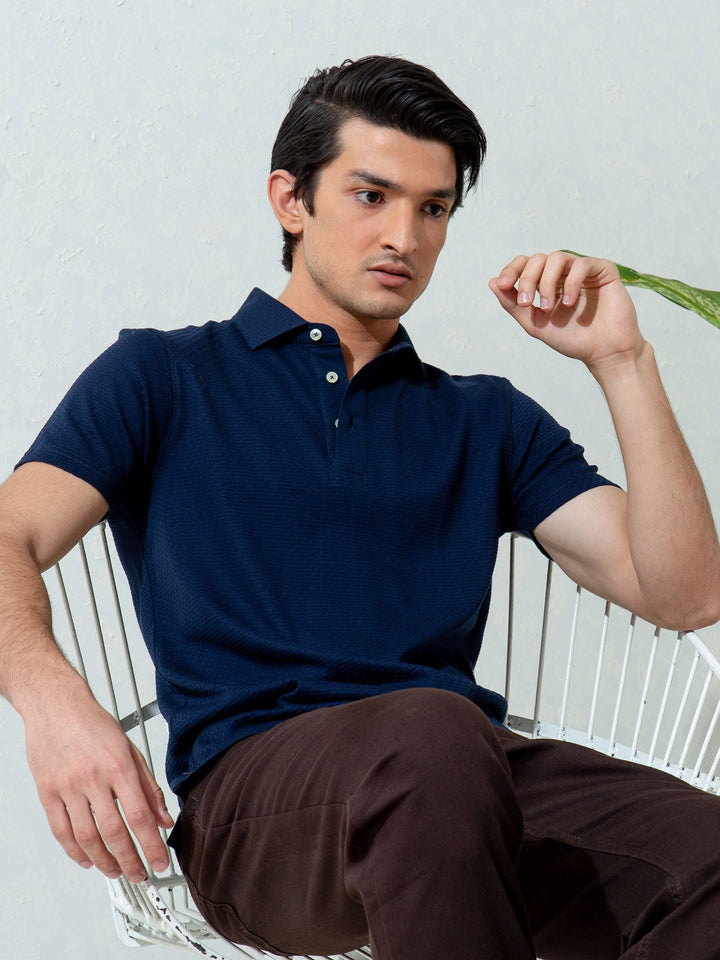 Brumano  Solids Cotton Polo Navy Blue Textured Polo With Classic Collar